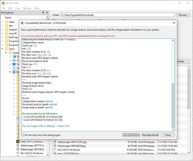 AI File Sorter - hardware benchmark dialog