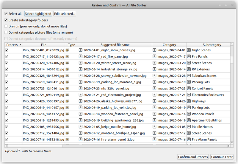 Reviewing category and filename suggestions before applying changes