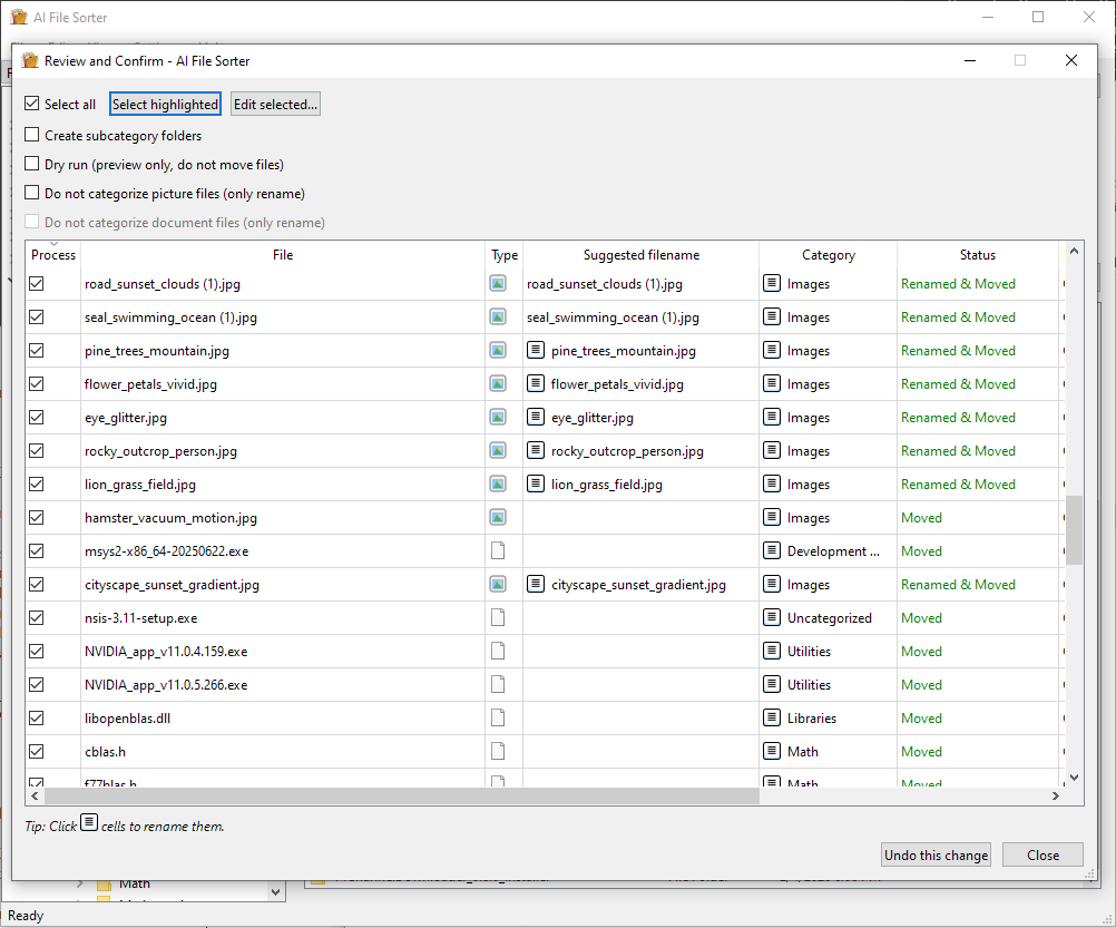 AI FileSorter Review Dialog with Rename Status (Windows)